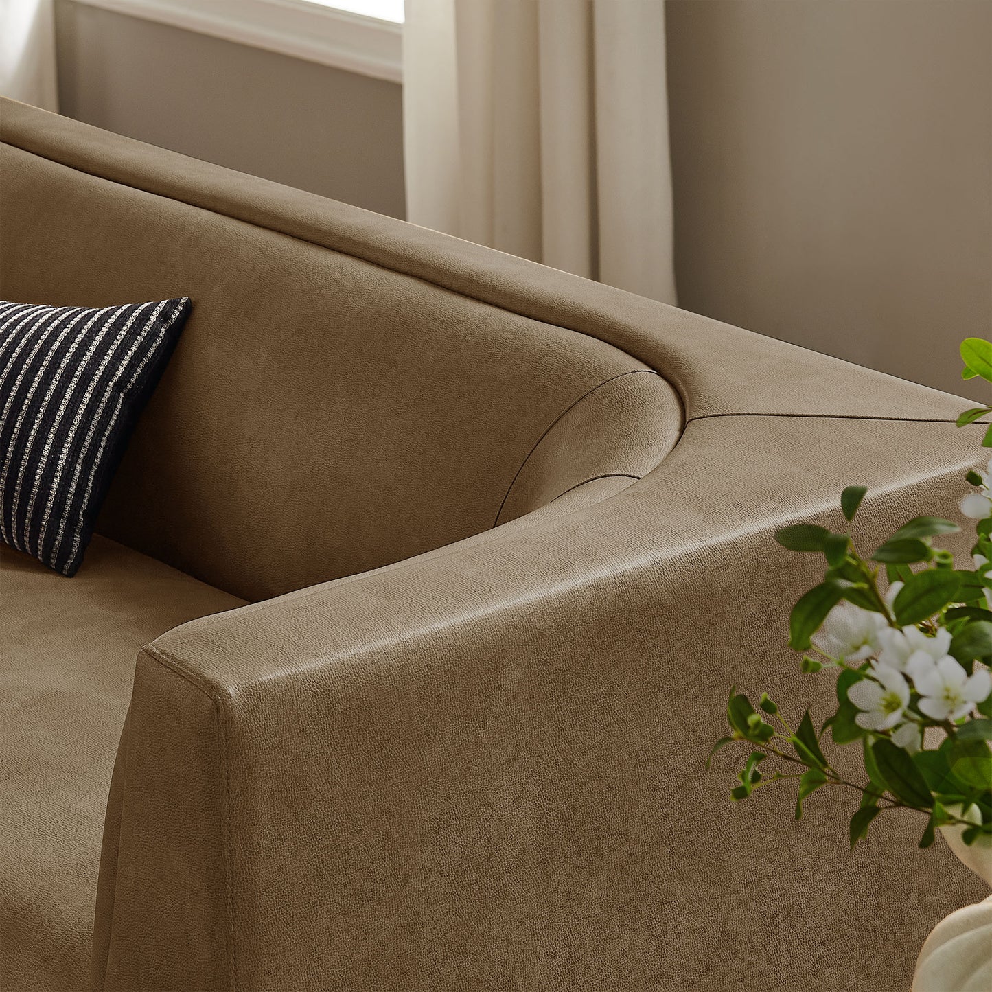 Drift 86" Curved Back Vegan Leather Sofa in Mushroom