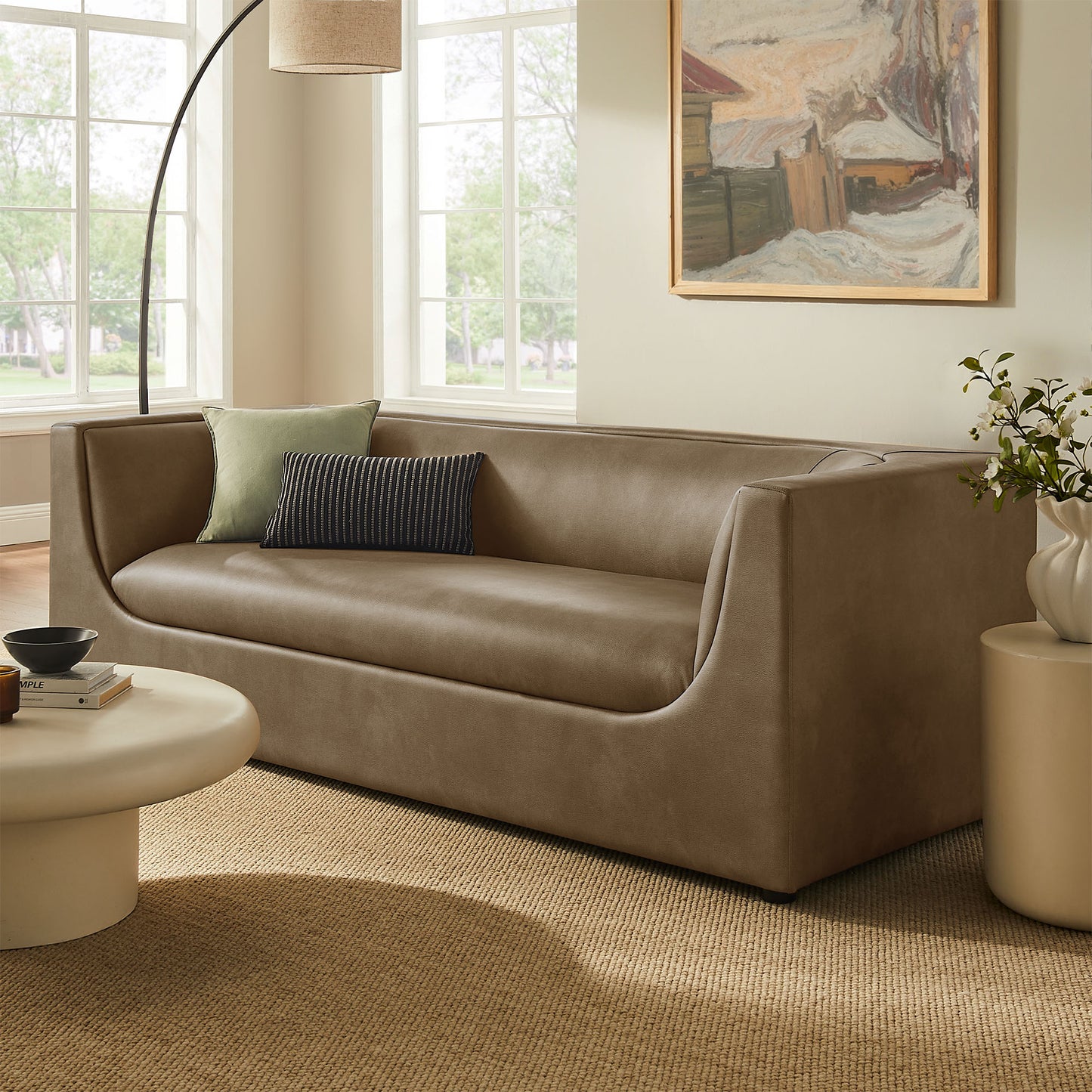 Drift 86" Curved Back Vegan Leather Sofa in Mushroom