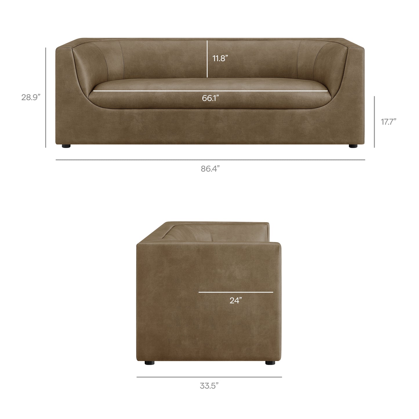 Drift 86" Curved Back Vegan Leather Sofa in Mushroom