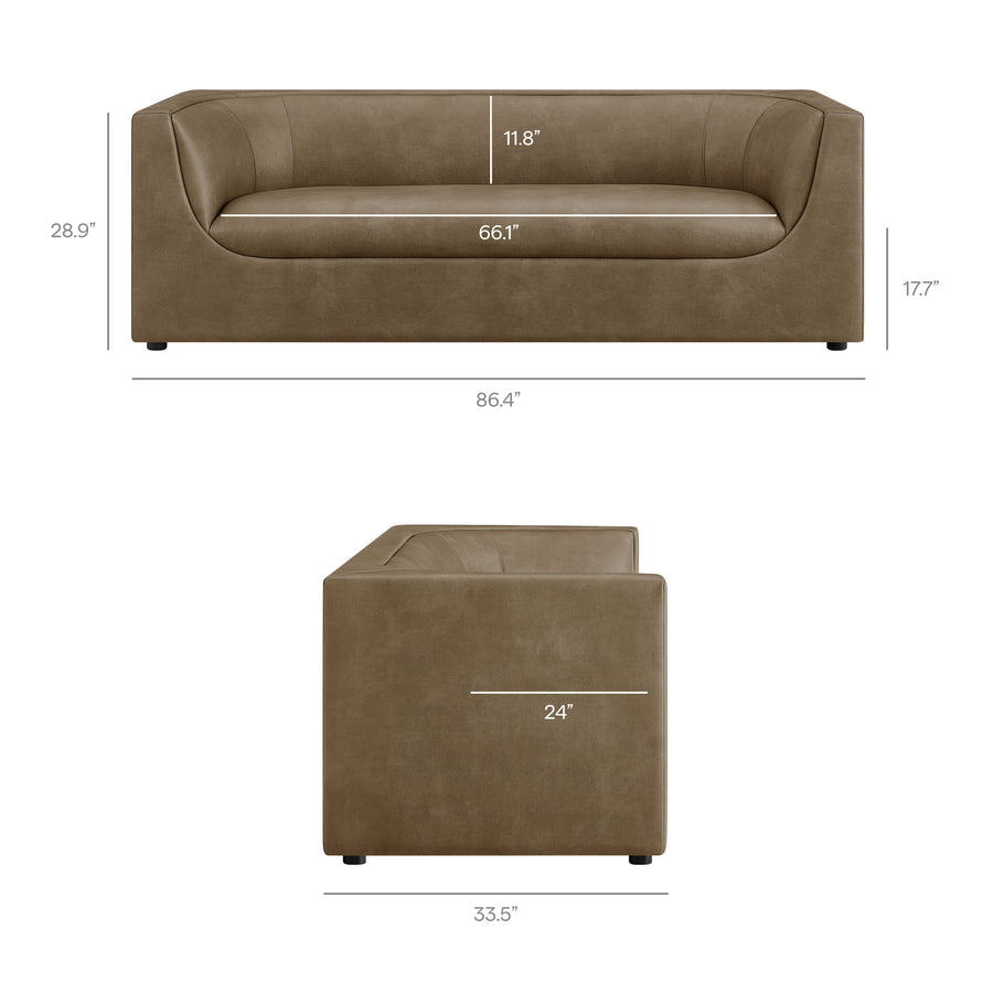 Drift 86" Curved Back Vegan Leather Sofa in Mushroom