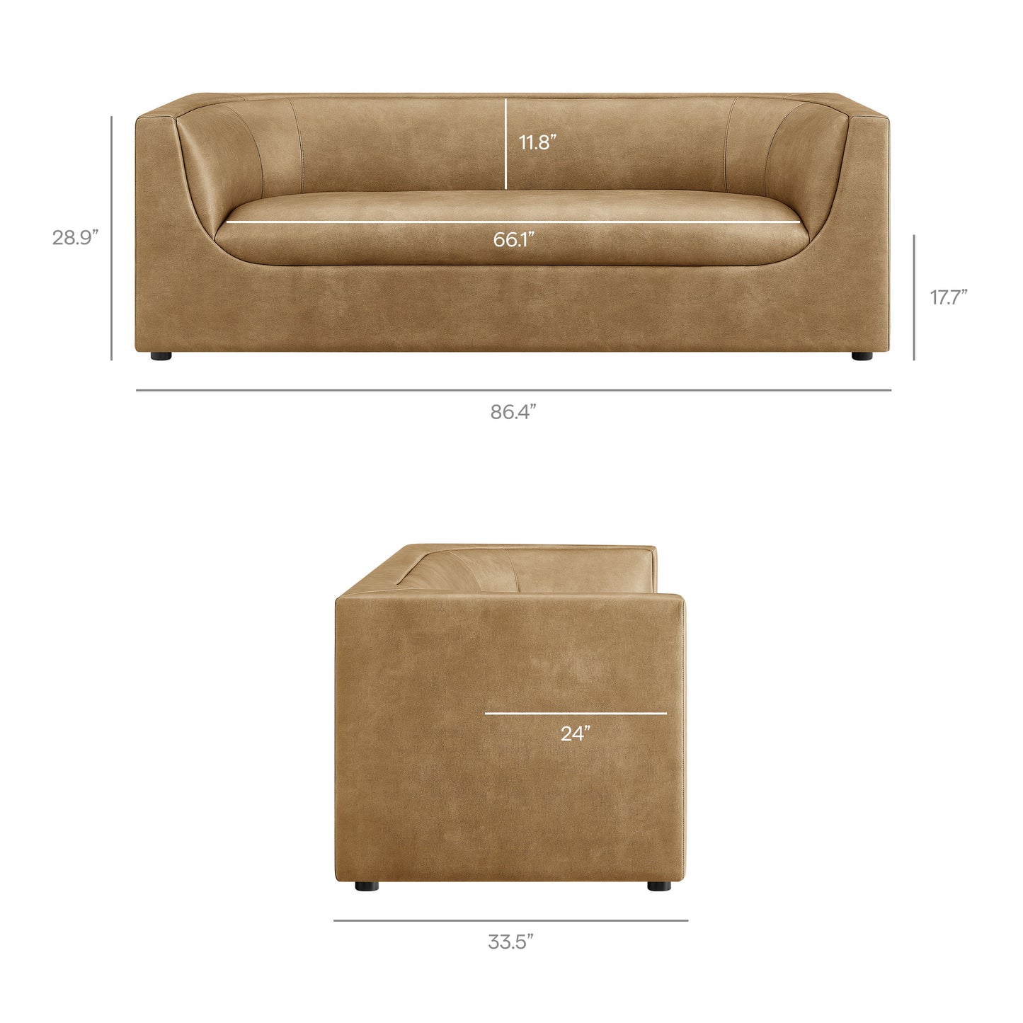 Drift 86" Curved Back Vegan Leather Sofa in Toast