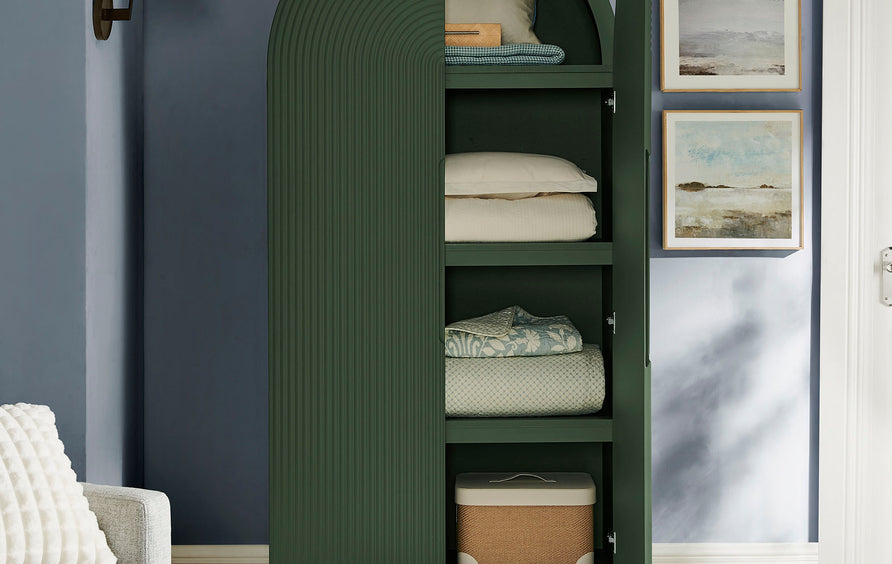 Hugo 78 Inch Fluted and Scalloped Arched Storage Cabinet in Hunter Green