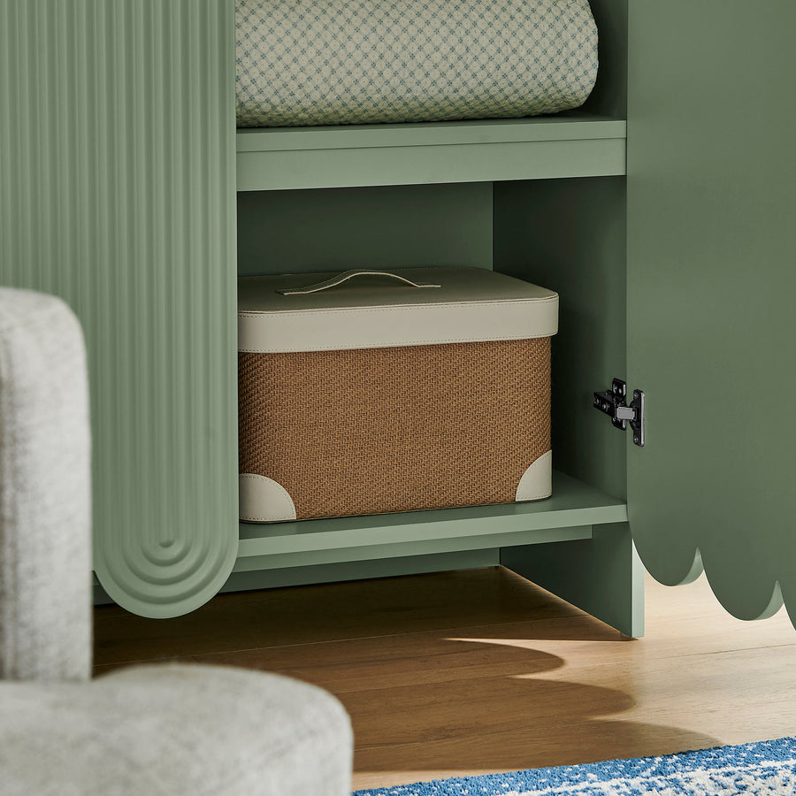 Hugo 78 Inch Fluted and Scalloped Arched Storage Cabinet in Sage