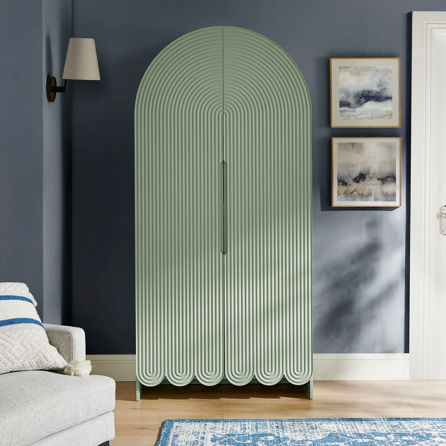 Hugo 78 Inch Fluted and Scalloped Arched Storage Cabinet in Sage