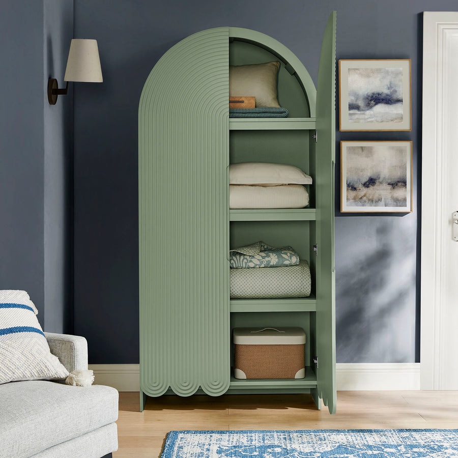 Hugo 78 Inch Fluted and Scalloped Arched Storage Cabinet in Sage