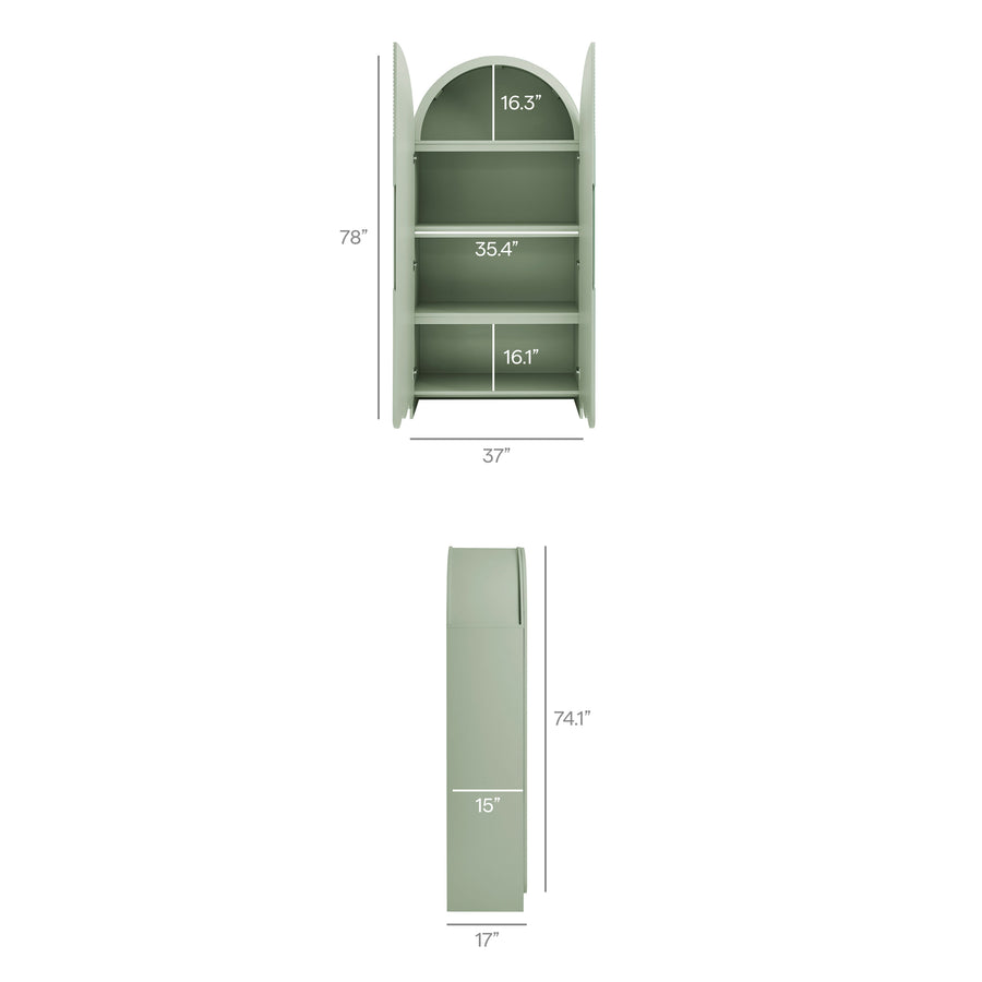 Hugo 78 Inch Fluted and Scalloped Arched Storage Cabinet in Sage