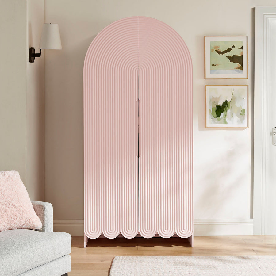 Hugo 78 Inch Fluted and Scalloped Arched Storage Cabinet in Soft Pink