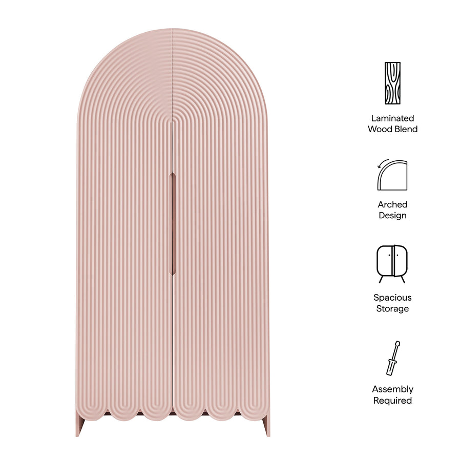 Hugo 78 Inch Fluted and Scalloped Arched Storage Cabinet in Soft Pink