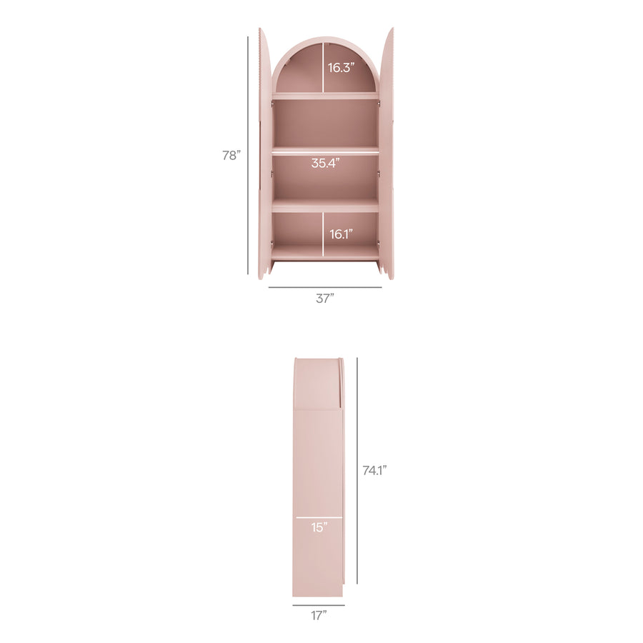 Hugo 78 Inch Fluted and Scalloped Arched Storage Cabinet in Soft Pink