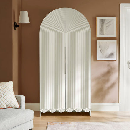 Dahlia 78 Inch Fluted and Scalloped Arched Storage Cabinet in White