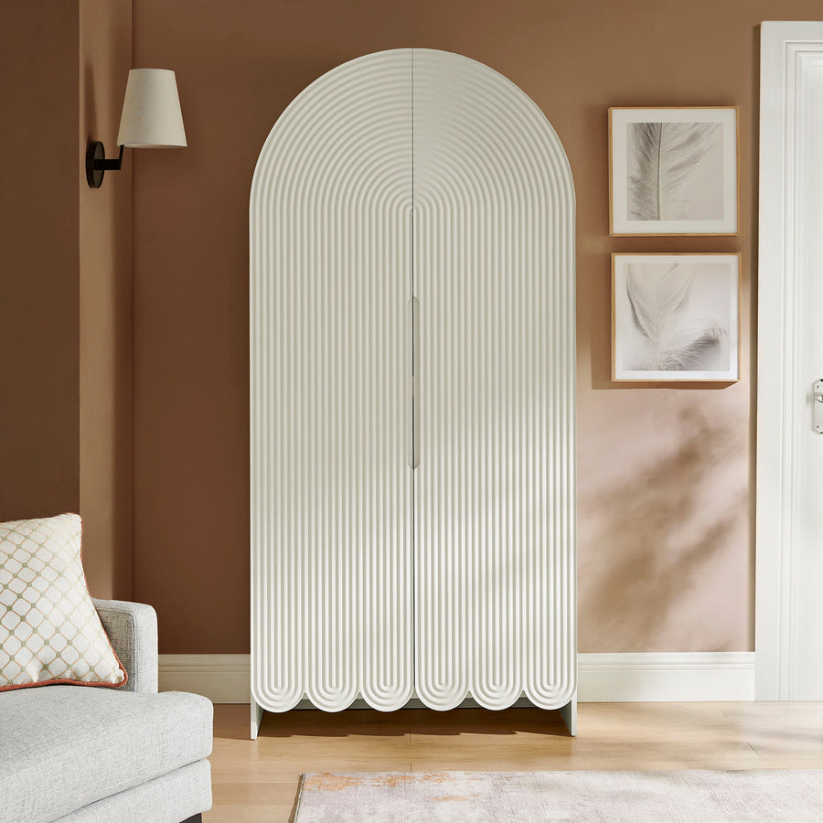 Hugo 78 Inch Fluted and Scalloped Arched Storage Cabinet in White