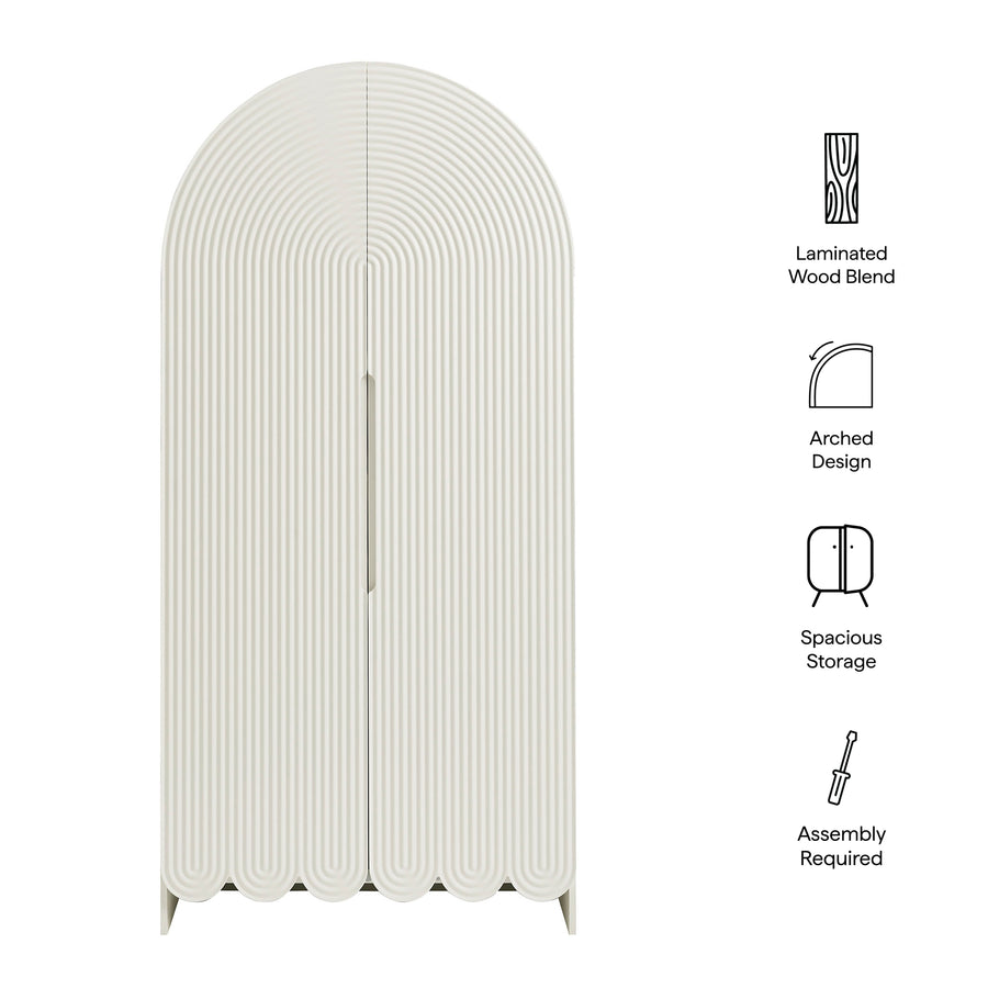 Hugo 78 Inch Fluted and Scalloped Arched Storage Cabinet in White