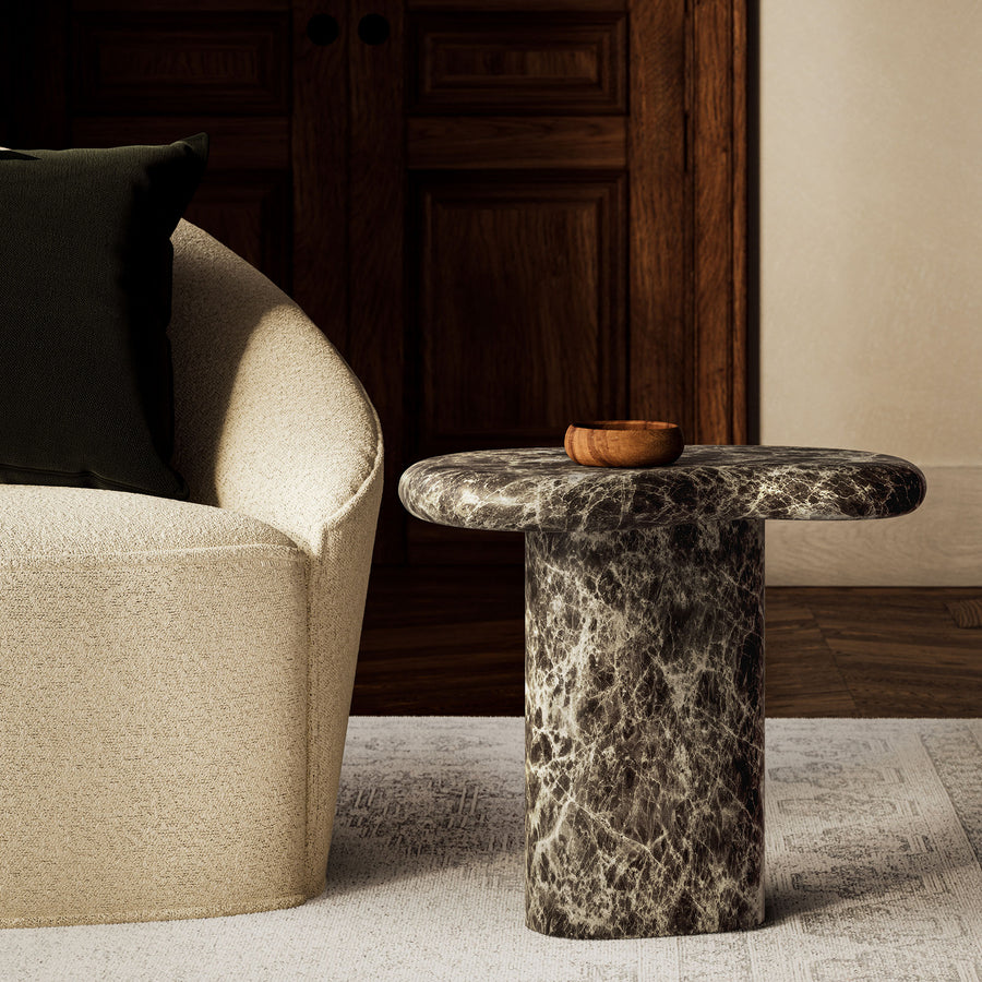 Wade Outdoor Patio Faux Marble Side Table in Dark Emperador Marble