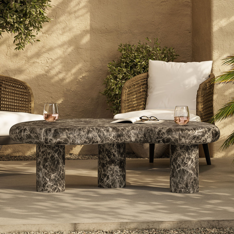 Wade Outdoor Patio Faux Marble Coffee Table in Dark Emperador Marble