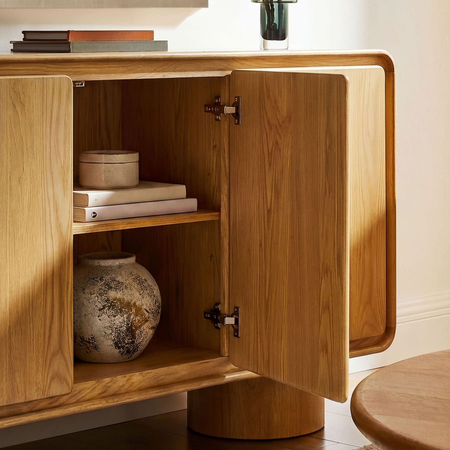 Cassia 3-Door Curved Wood Accent Cabinet in Oak
