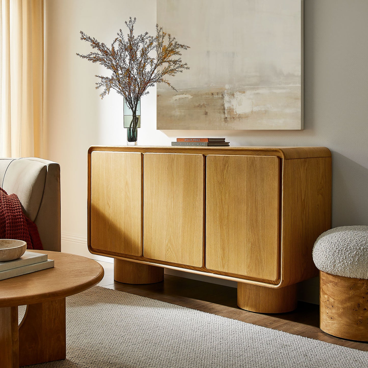 Cassia 3-Door Curved Wood Accent Cabinet in Oak