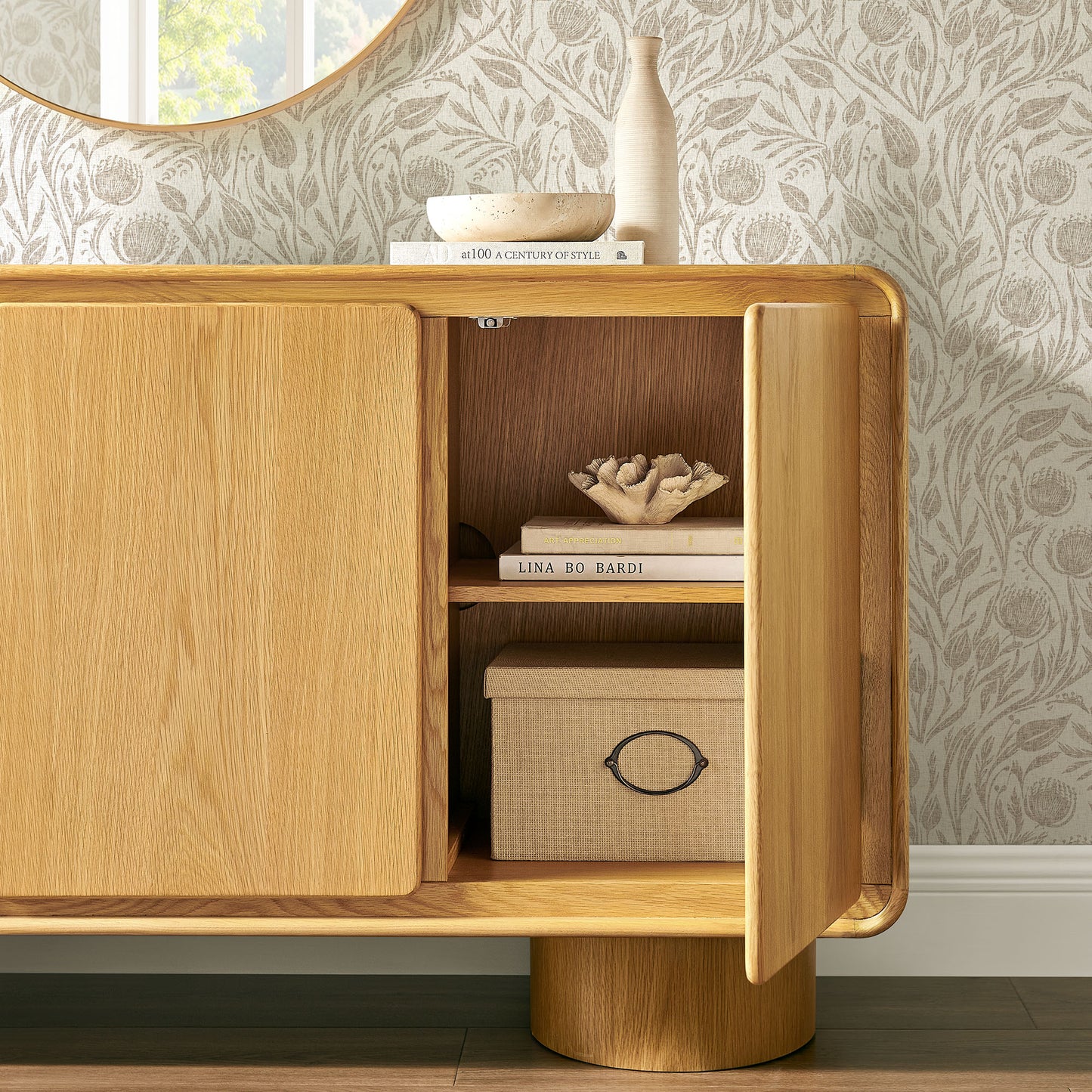 Cassia 3-Door Curved Wood Accent Cabinet in Oak