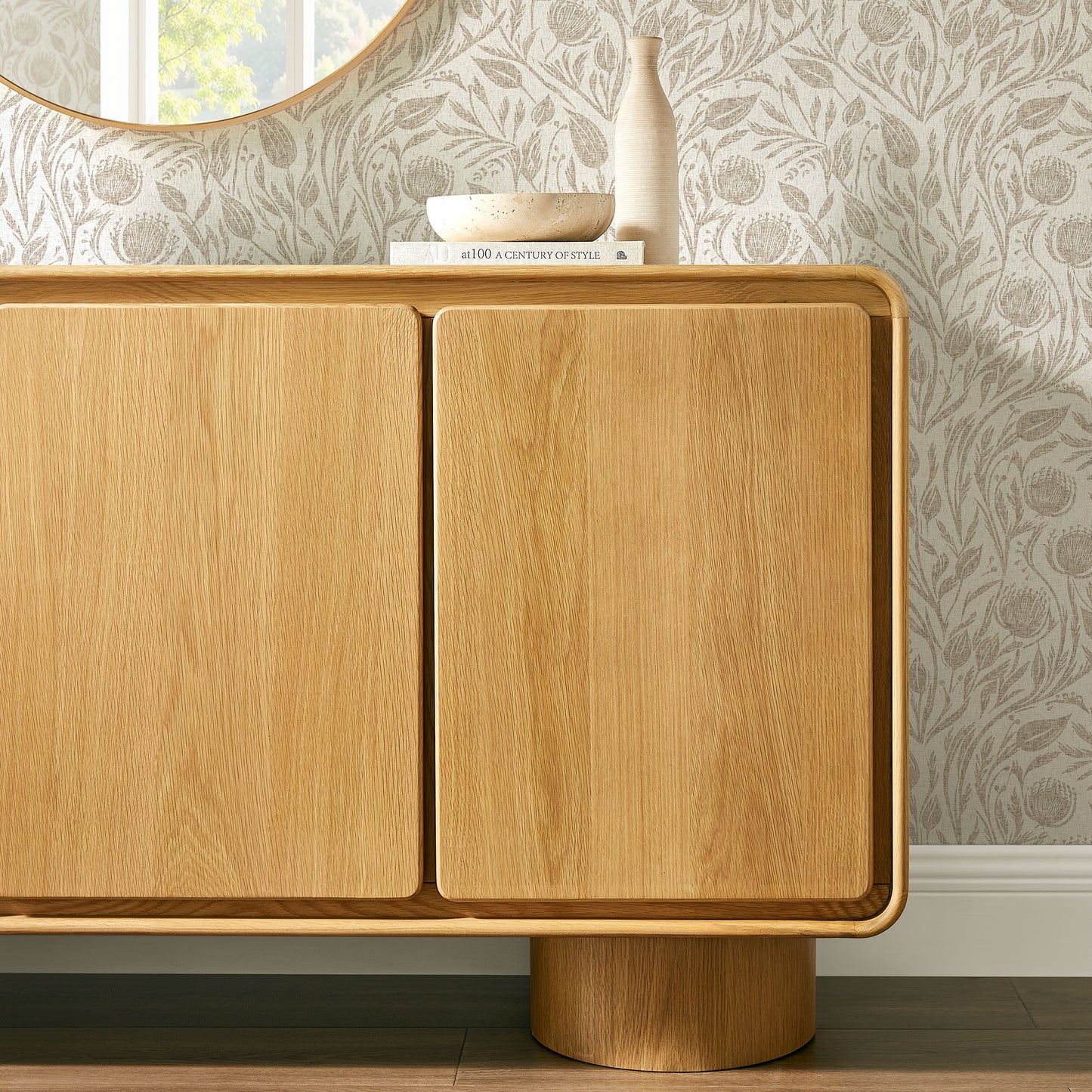 Cassia 3-Door Curved Wood Accent Cabinet in Oak