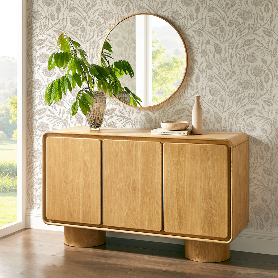 Cassia 3-Door Curved Wood Accent Cabinet in Oak