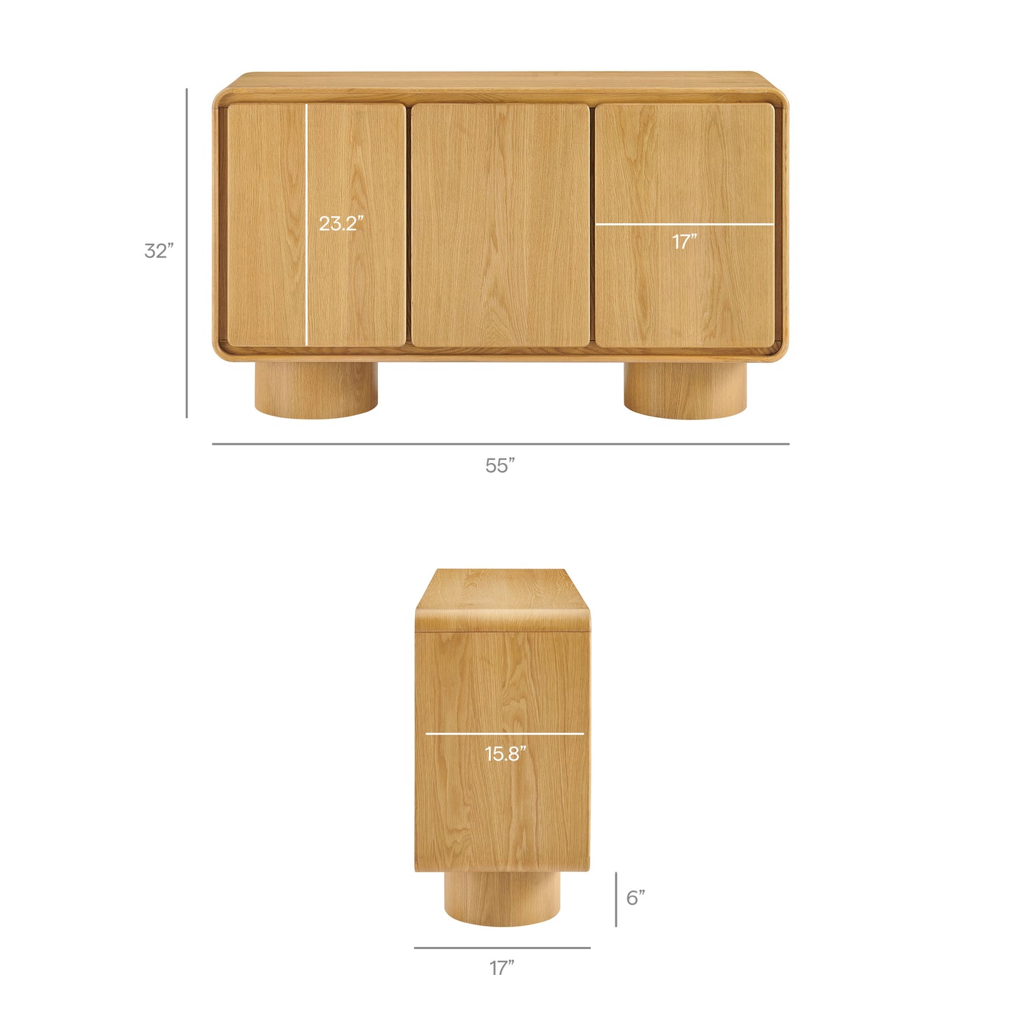 Cassia 3-Door Curved Wood Accent Cabinet in Oak