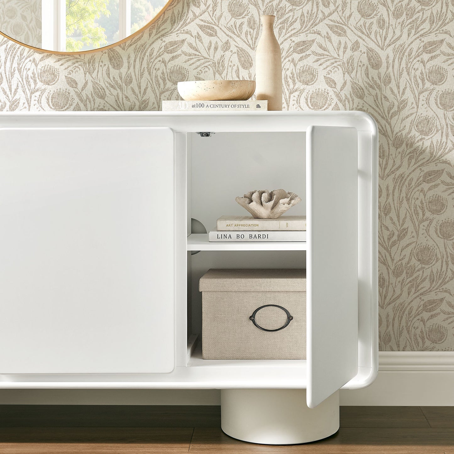 Cassia 3-Door Curved Wood Accent Cabinet in White