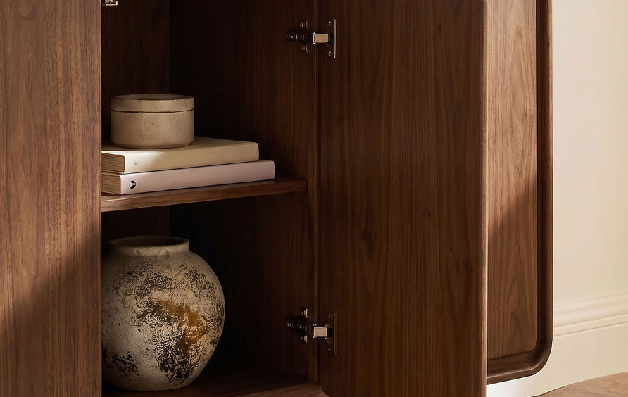 Cassia 3-Door Curved Wood Accent Cabinet in Walnut