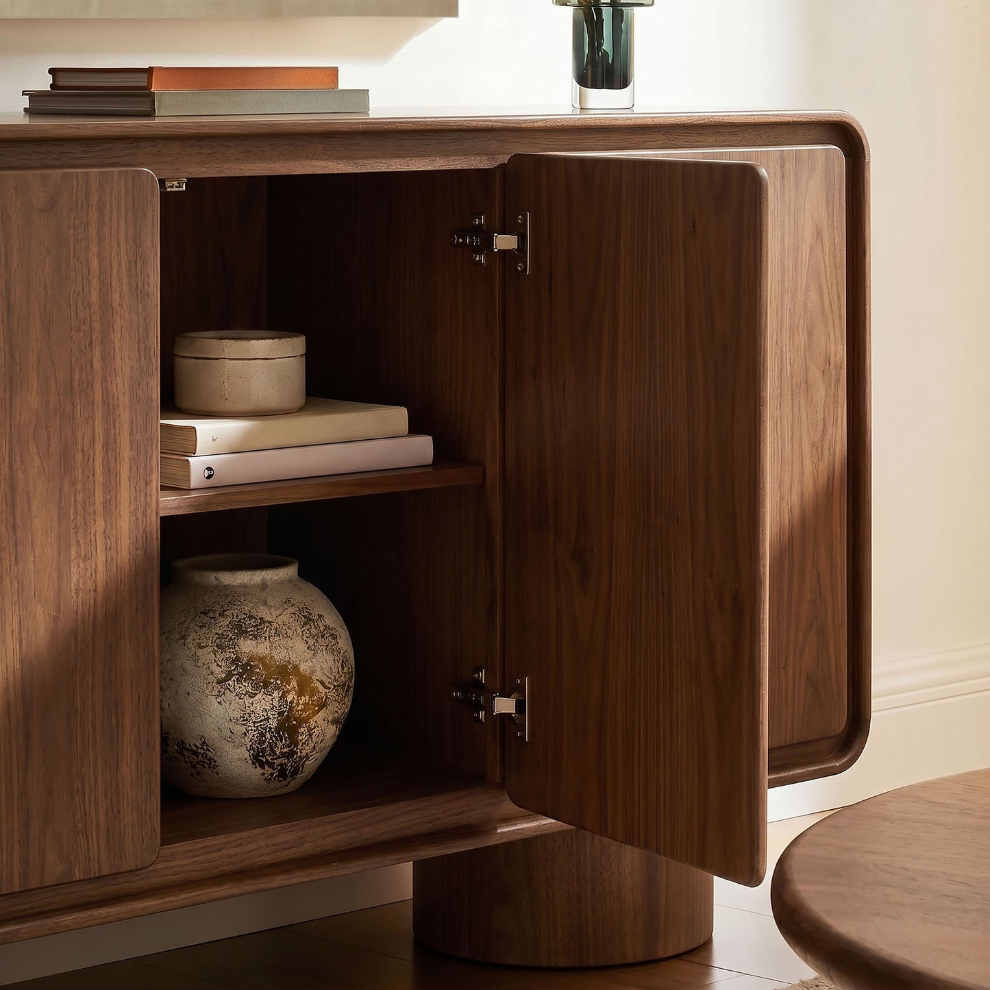 Cassia 3-Door Curved Wood Accent Cabinet in Walnut