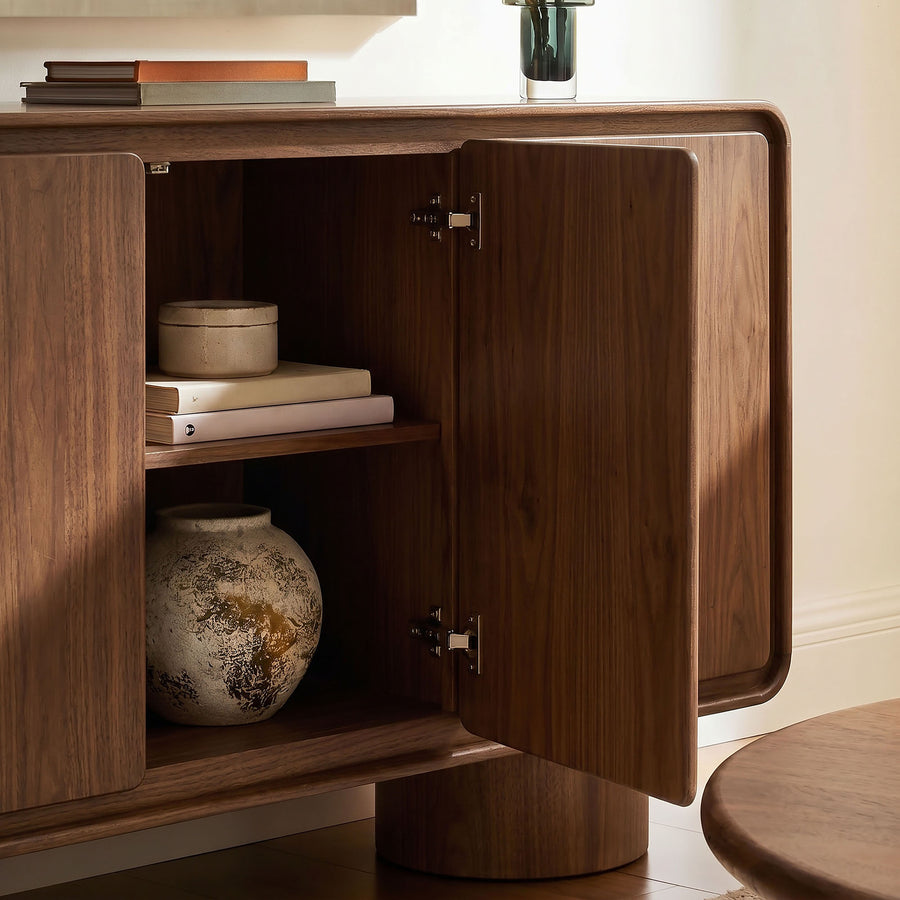 Cassia 3-Door Curved Wood Accent Cabinet in Walnut