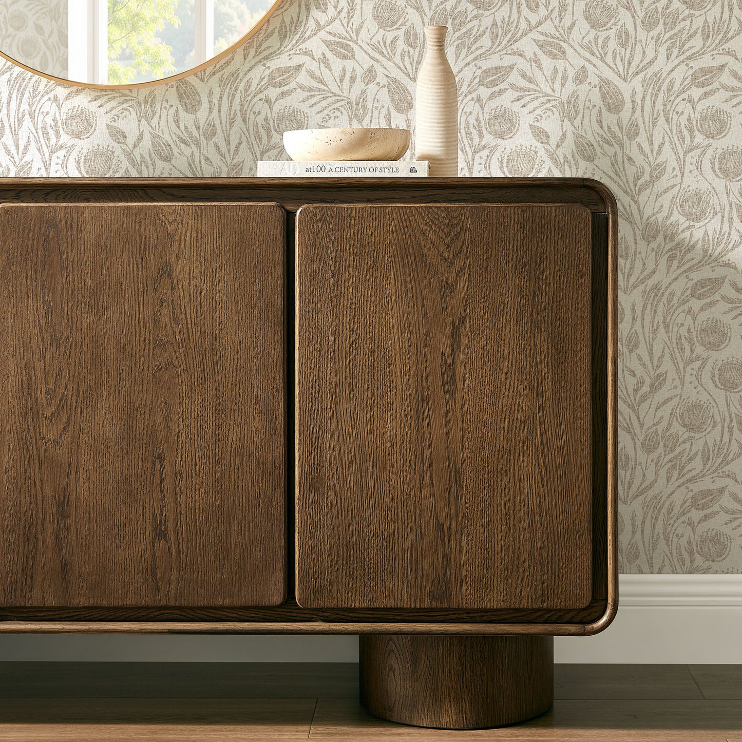 Cassia 3-Door Curved Wood Accent Cabinet in Walnut