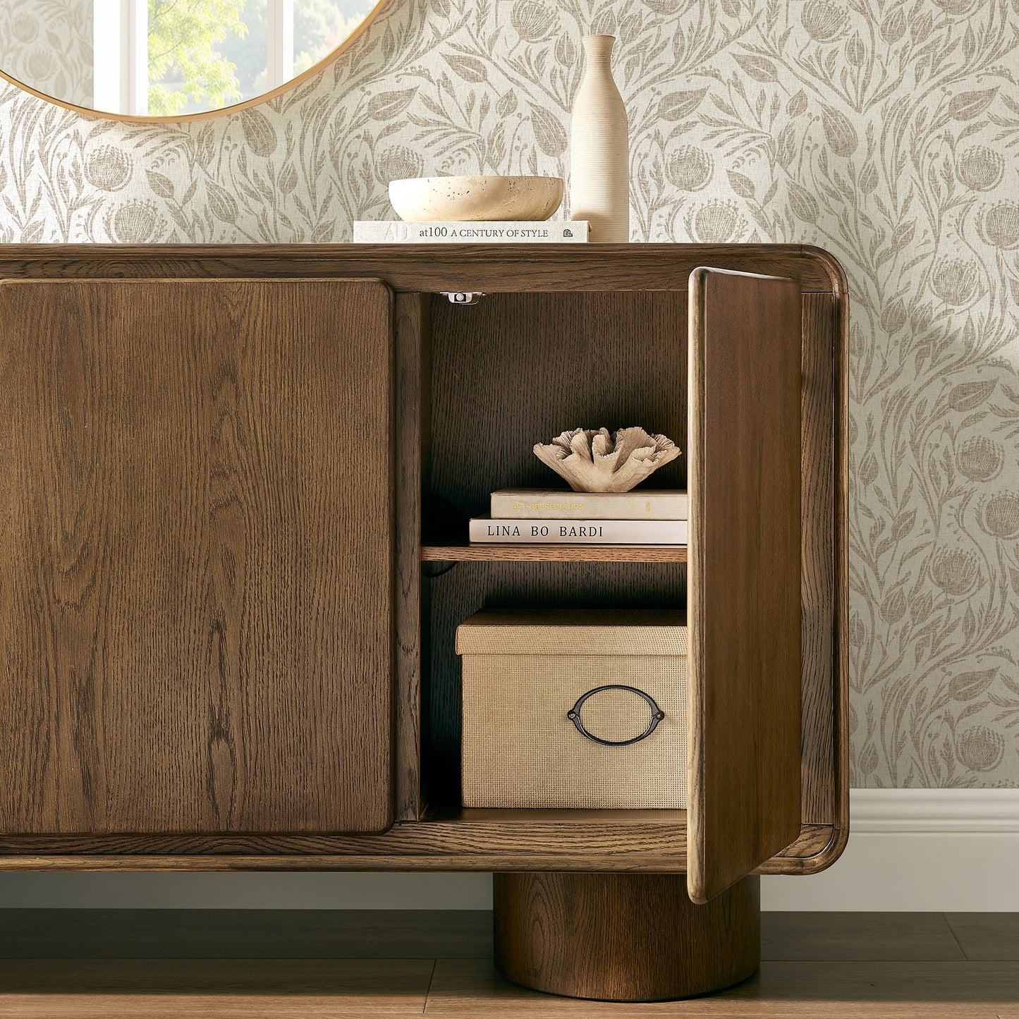 Cassia 3-Door Curved Wood Accent Cabinet in Walnut