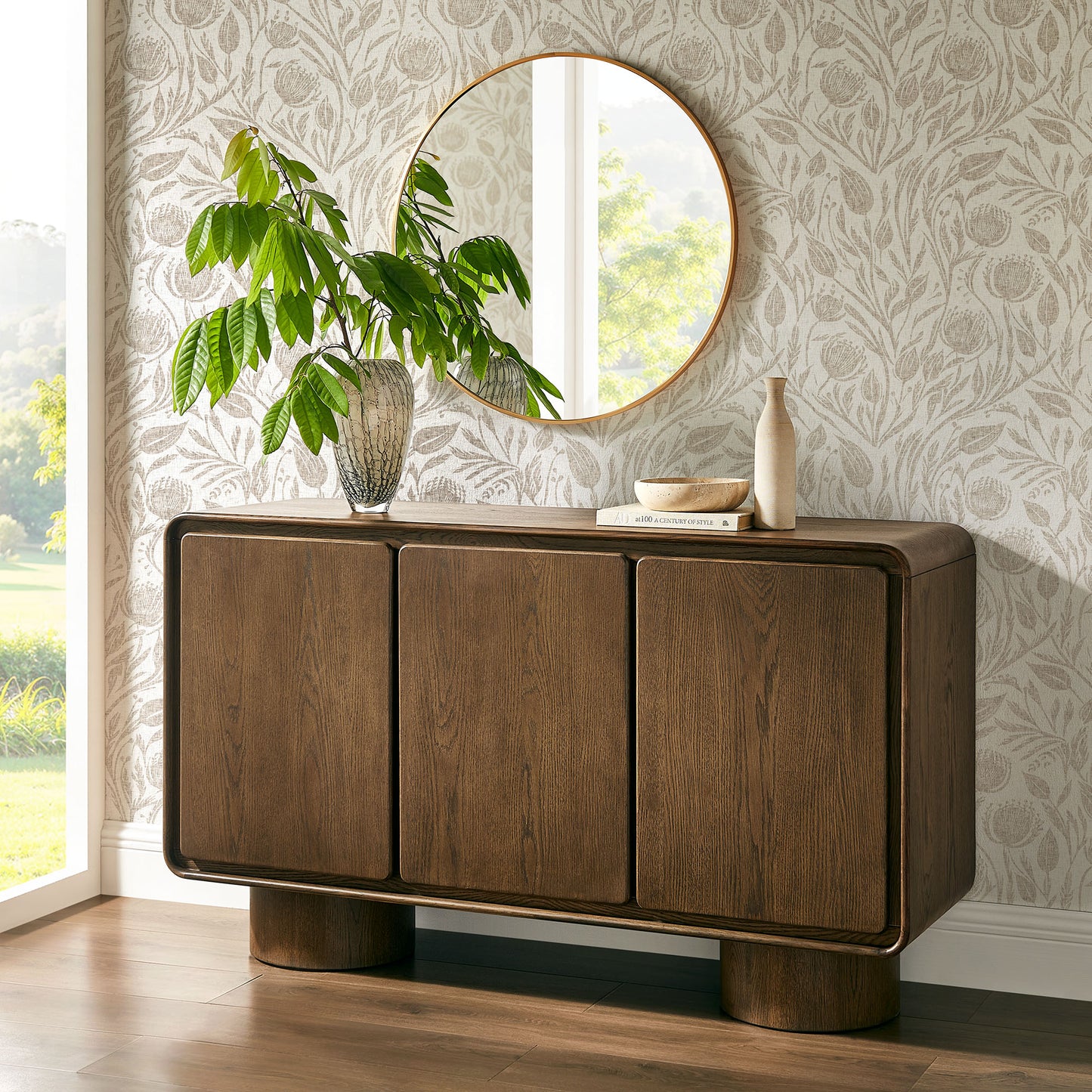 Cassia 3-Door Curved Wood Accent Cabinet in Walnut