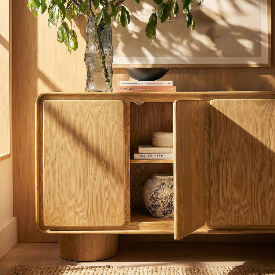 Cassia 4-Door Curved Wood Accent Cabinet in Oak