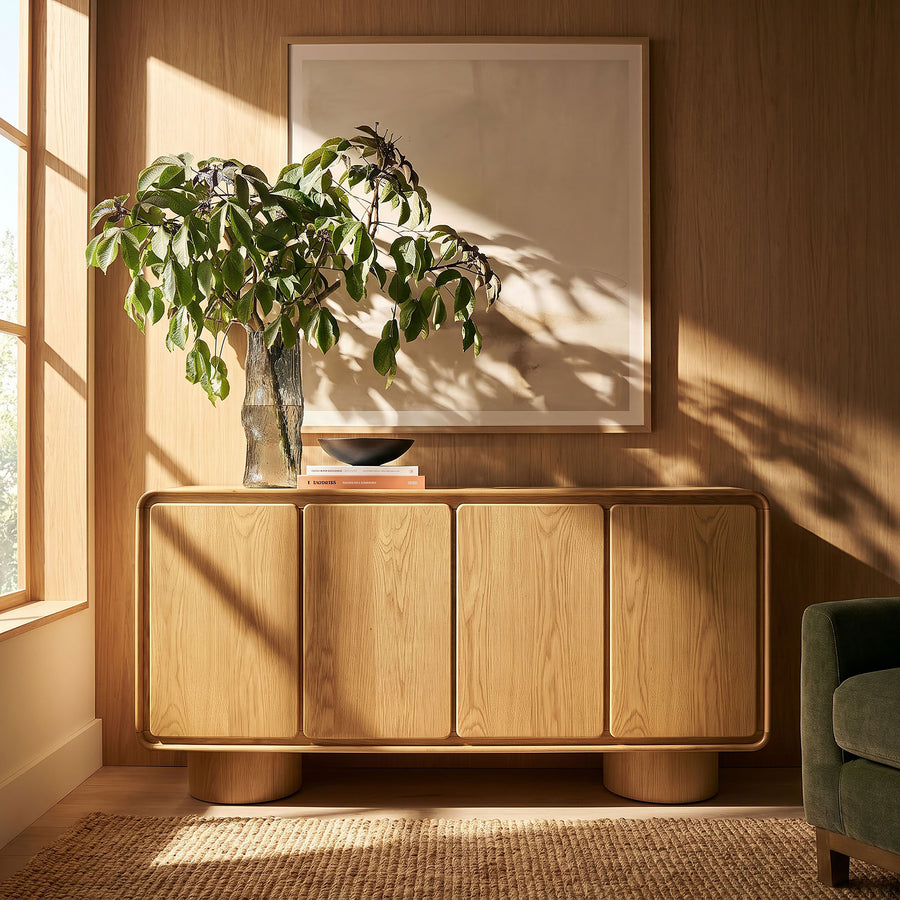 Cassia 4-Door Curved Wood Accent Cabinet in Oak