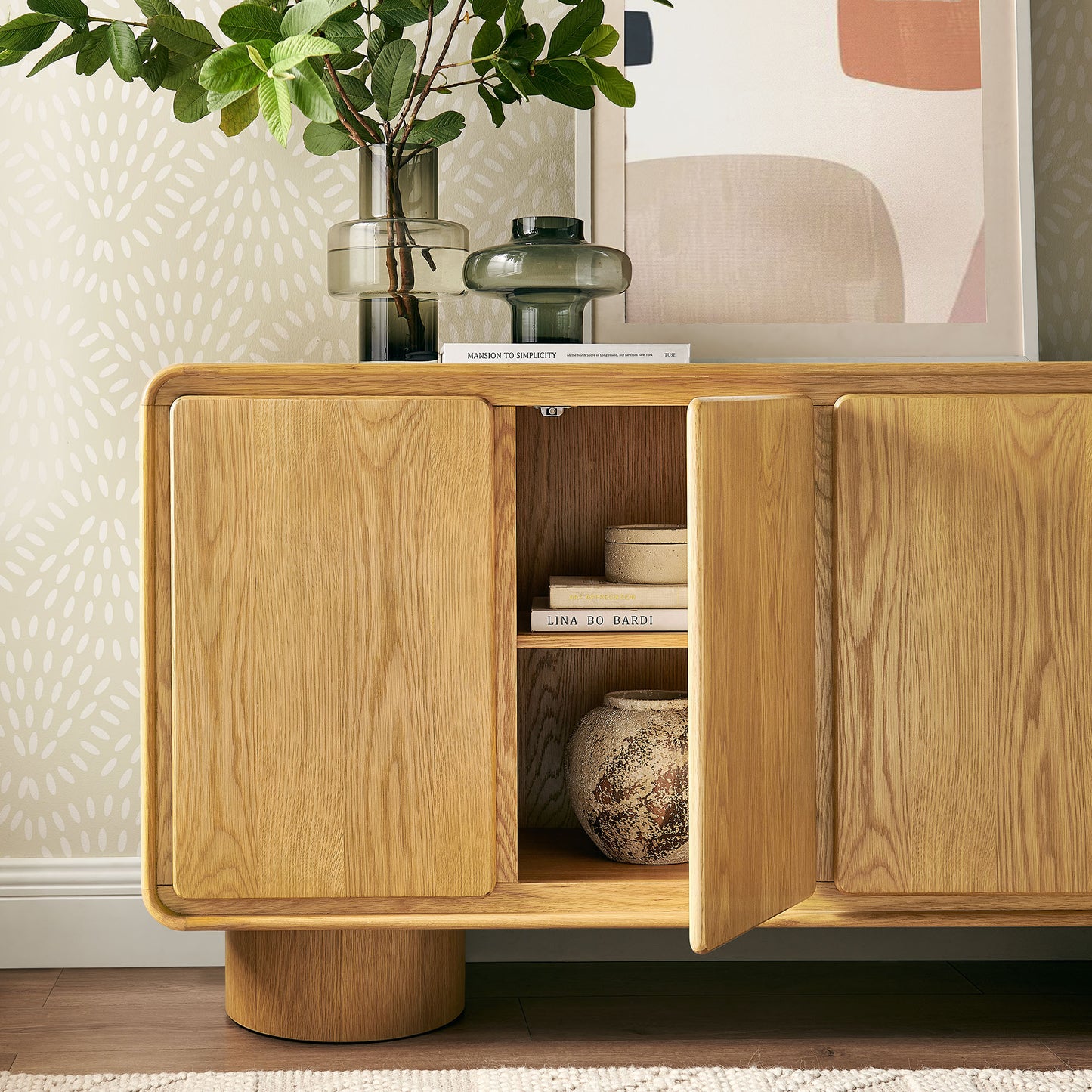 Cassia 4-Door Curved Wood Accent Cabinet in Oak