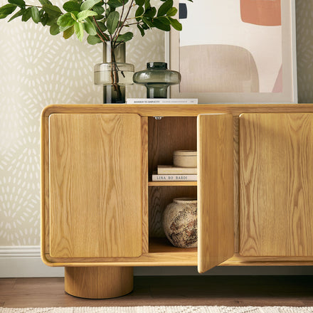 Lumo 4-Door Curved Wood Accent Cabinet in Oak