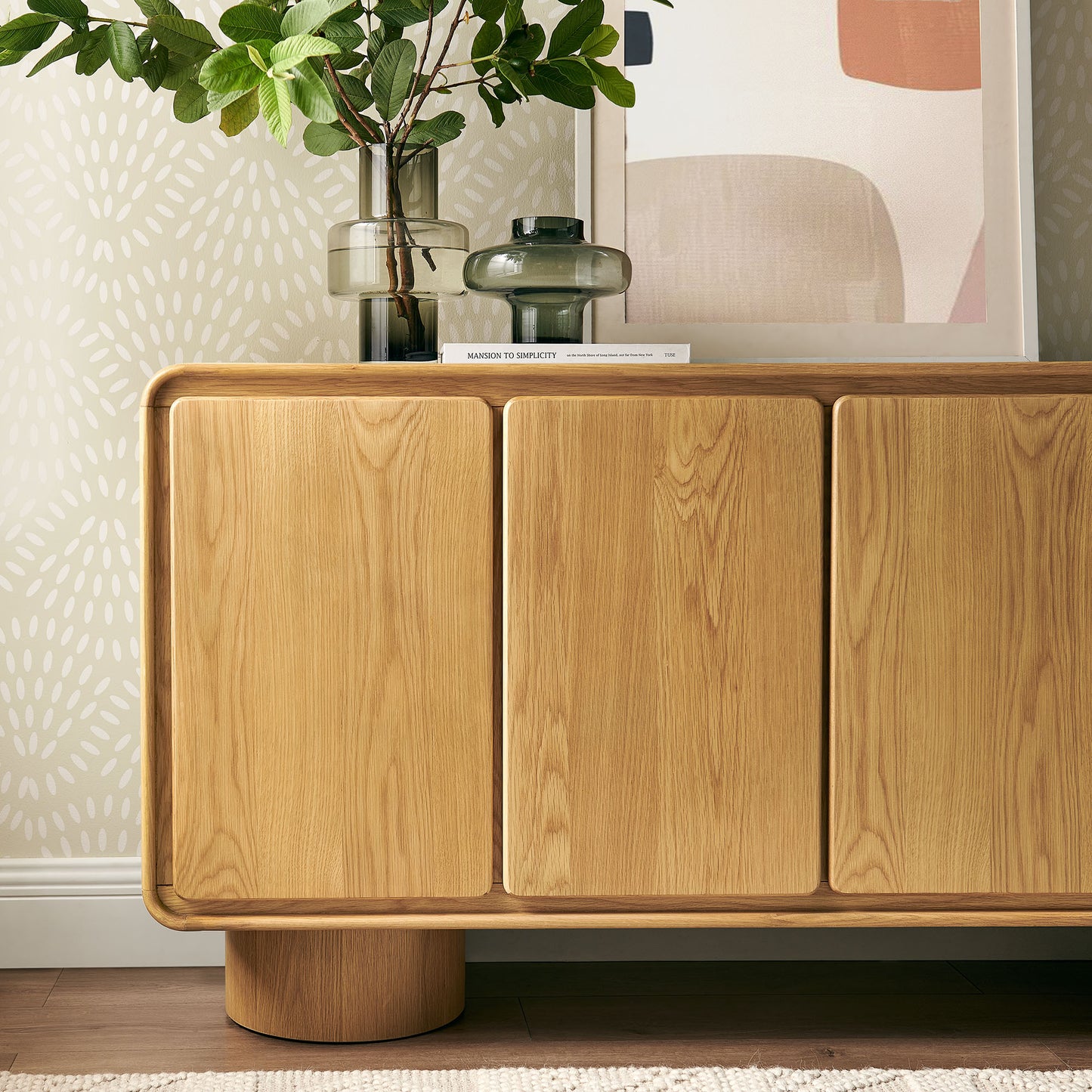 Cassia 4-Door Curved Wood Accent Cabinet in Oak
