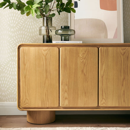 Lumo 4-Door Curved Wood Accent Cabinet in Oak