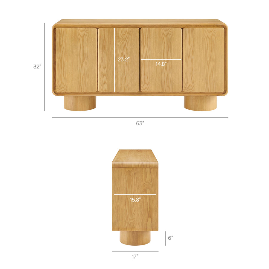Cassia 4-Door Curved Wood Accent Cabinet in Oak