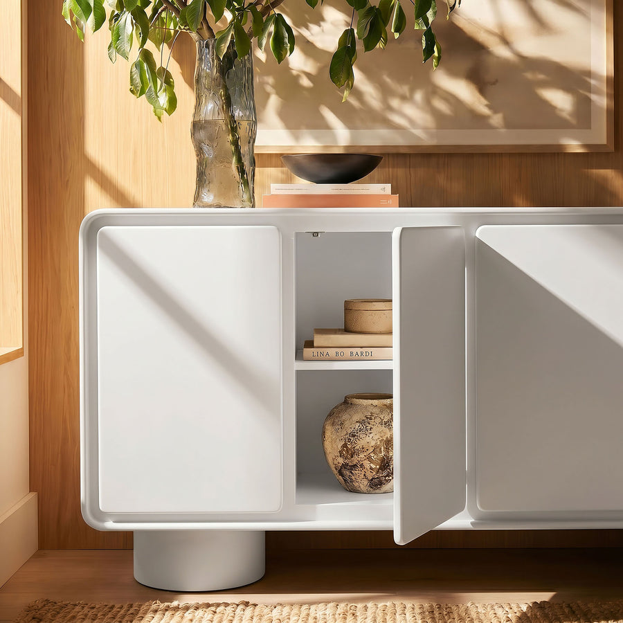 Cassia 4-Door Curved Wood Accent Cabinet in White