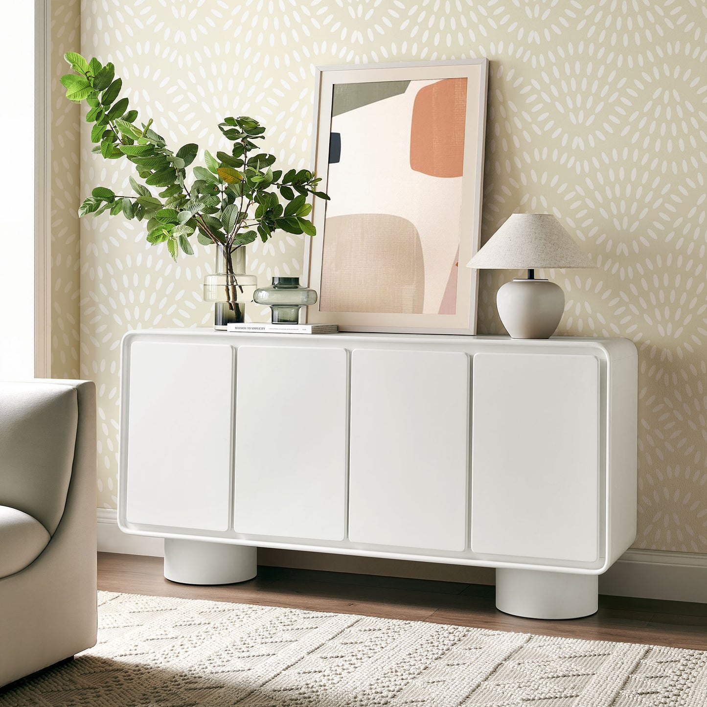 Cassia 4-Door Curved Wood Accent Cabinet in White