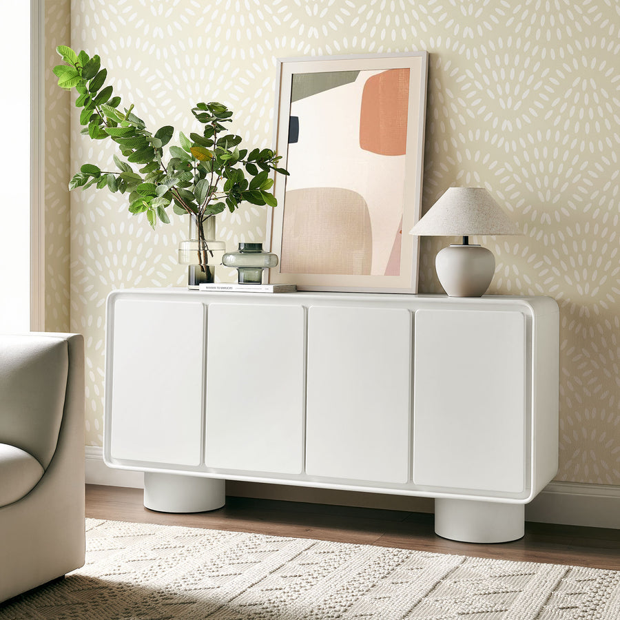 Cassia 4-Door Curved Wood Accent Cabinet in White