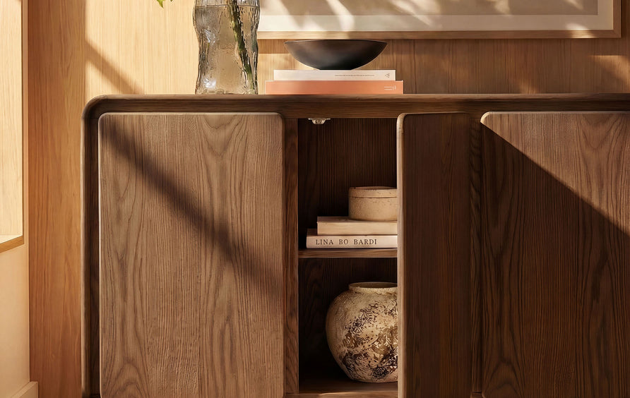 Cassia 4-Door Curved Wood Accent Cabinet in Walnut