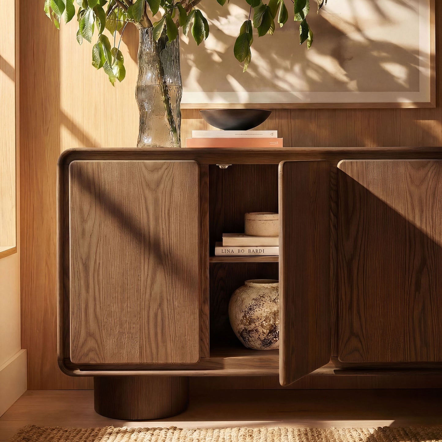 Cassia 4-Door Curved Wood Accent Cabinet in Walnut