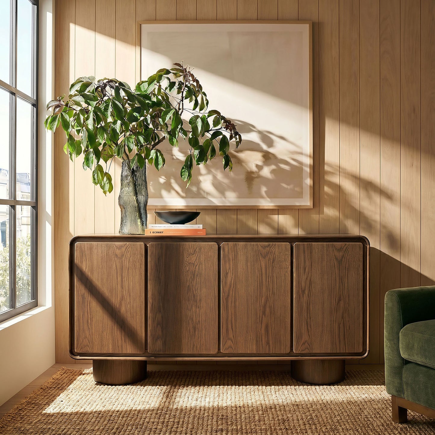 Cassia 4-Door Curved Wood Accent Cabinet in Walnut