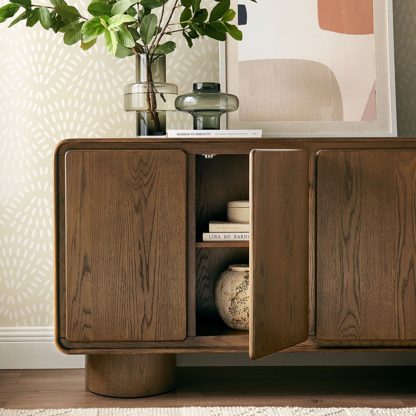 Cassia 4-Door Curved Wood Accent Cabinet in Walnut