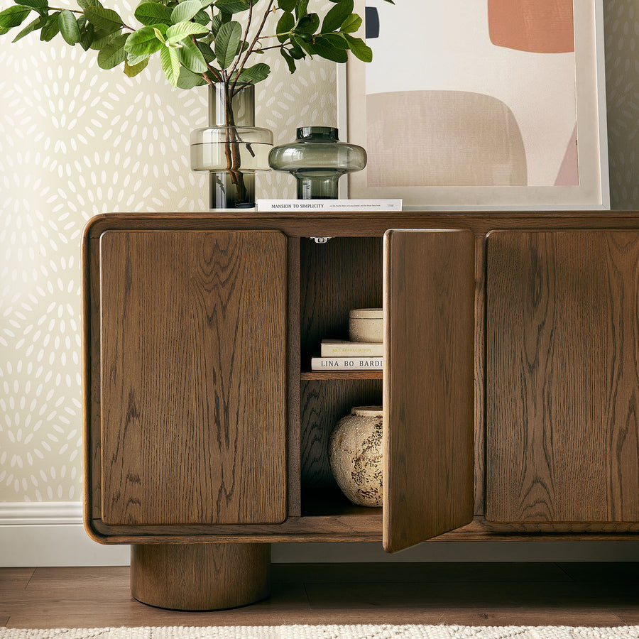 Cassia 4-Door Curved Wood Accent Cabinet in Walnut