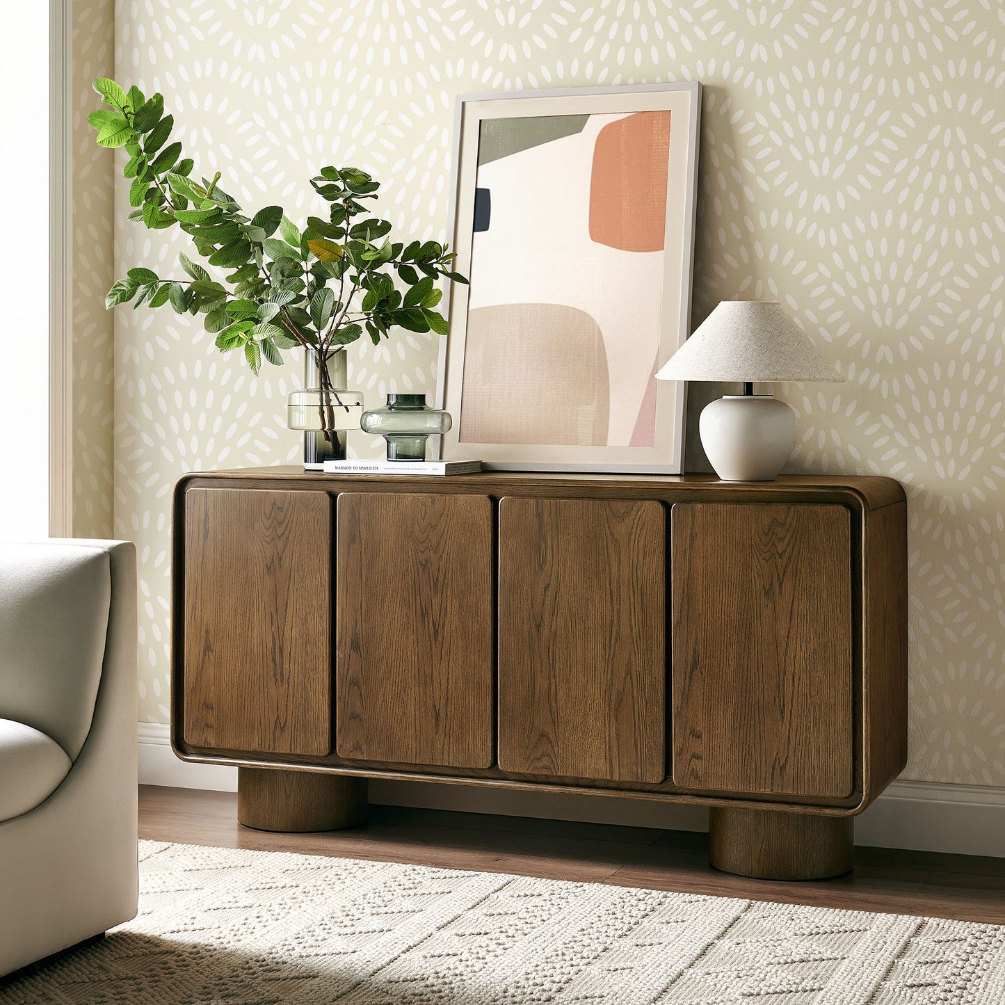 Cassia 4-Door Curved Wood Accent Cabinet in Walnut