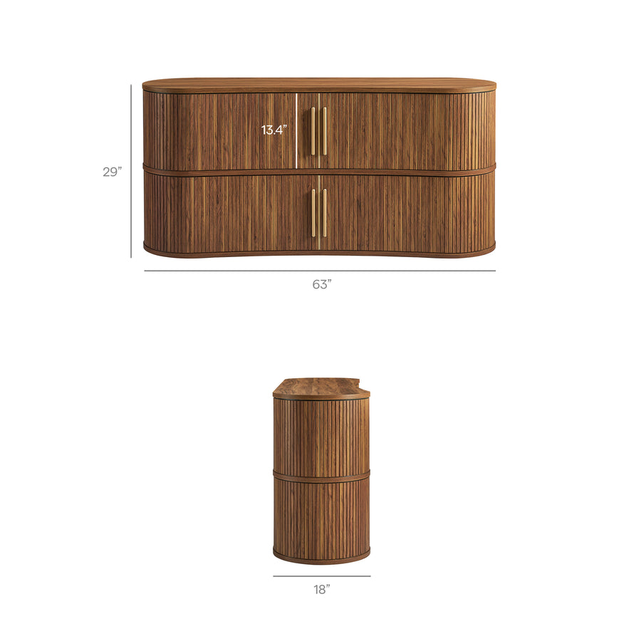 Dingle 63" Curved Fluted Sideboard Buffet Cabinet in Walnut