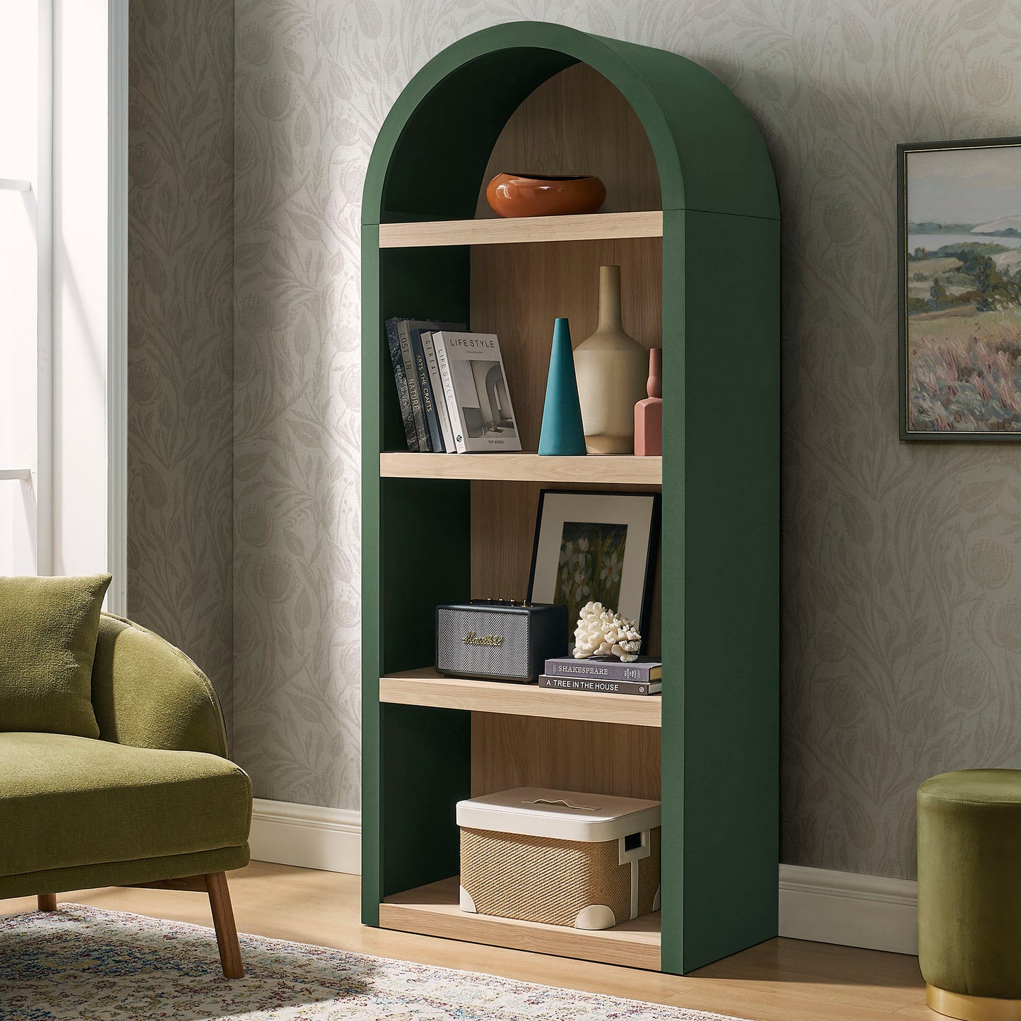 Ffion 4 Arched Display Shelf Bookcase in Hunter Green