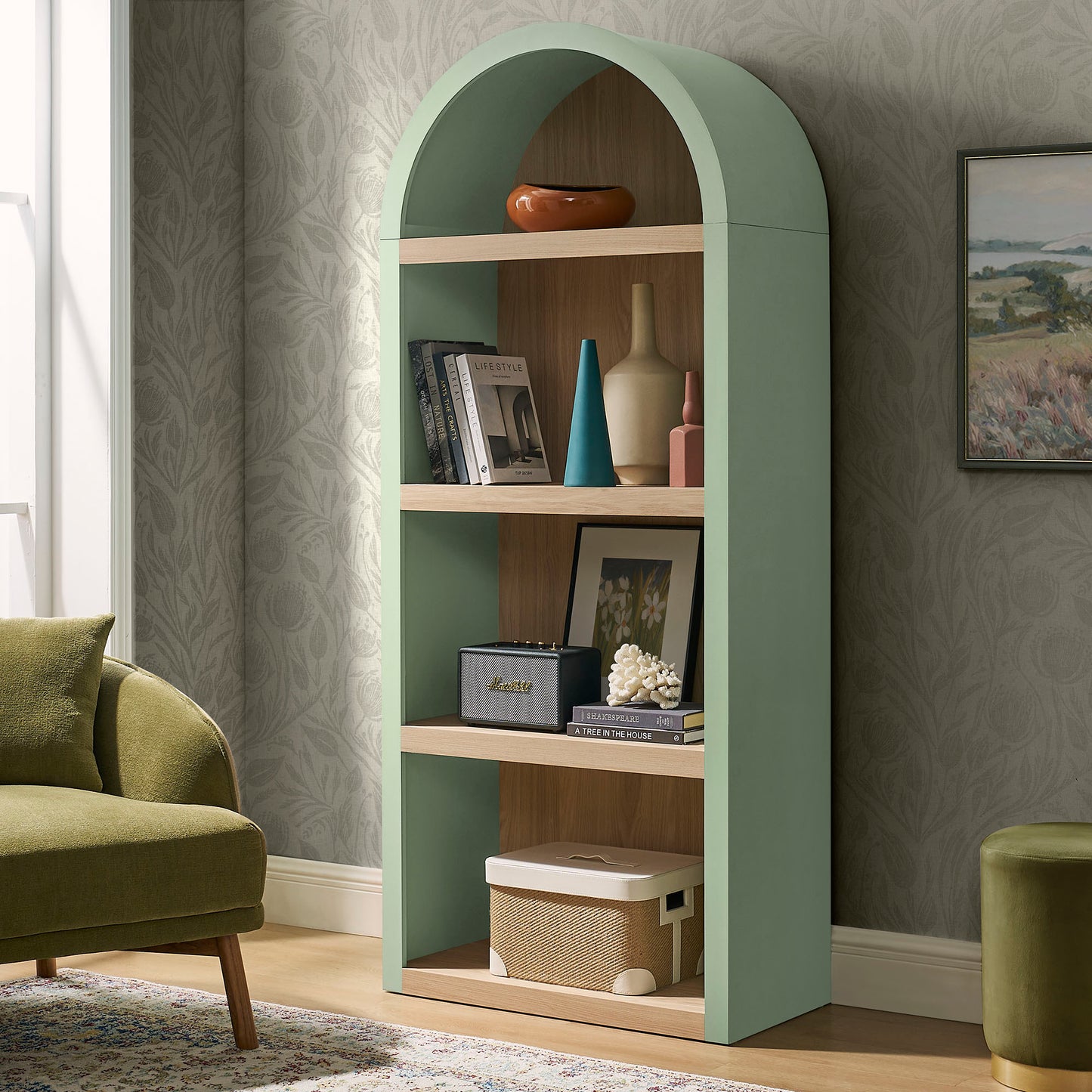 Ffion 4 Arched Display Shelf Bookcase in Sage